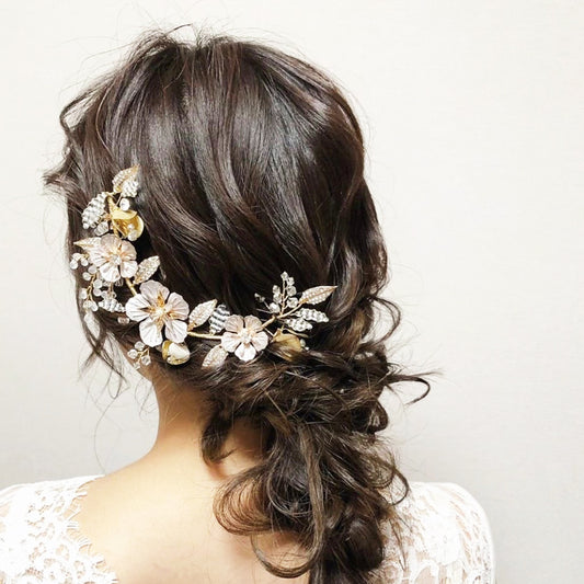 L230814   (預訂) 複古風玫瑰金花卉髮飾 ; Rose gold flower & leafs hair piece