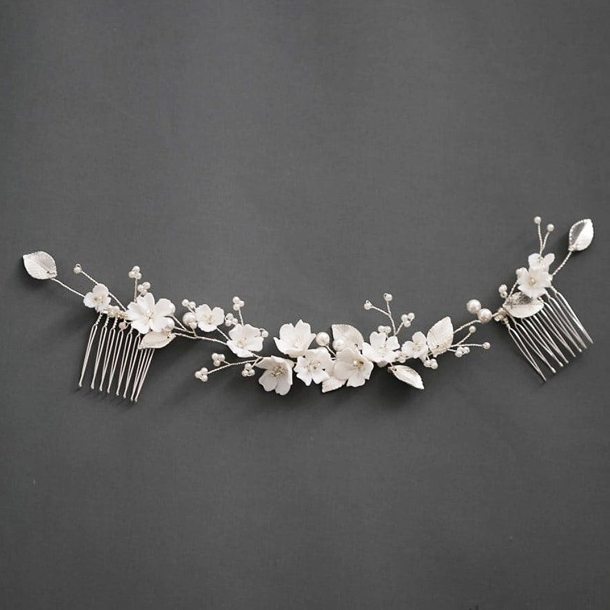 L2308-18  (預訂) 陶瓷小花環髮簪 (金 / 銀) ; Ceramic flowers hair pin (gold / silver)