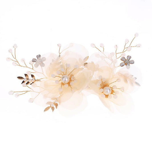 L230821   (預訂) 輕紗漫舞立體花瓣髮飾 (付髮夾) ; Floral design with pearl germs and god accents hair pieces (with clip)