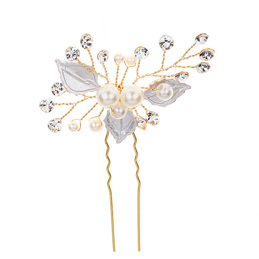 L230824  (預訂) 珍珠茂葉閃石髮簪 - 金色 (2 件套裝) ; Golden pearl leaf hairpins (set of 2)