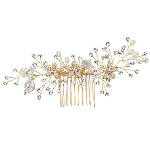 L230825  (預訂) 珍珠茂葉閃石髮簪 - 金色 (2 件套裝) ; Golden pearl leaf hairpins (set of 2)