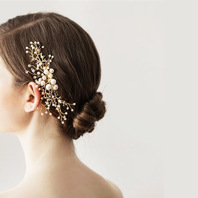 L230810  (預訂) 和風金枝玉葉白珠髮簪 ; Golden twigs with white pearl hair pin