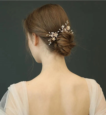 L240314 (預訂) 山茶花珍珠水晶頭飾 (三件套裝) ; Golden camellia hair pins with pearl & crystal (set of 3)