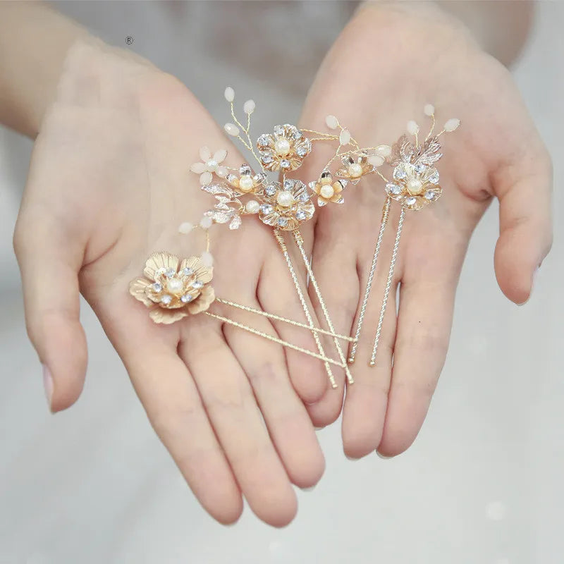 L240314 (預訂) 山茶花珍珠水晶頭飾 (三件套裝) ; Golden camellia hair pins with pearl & crystal (set of 3)