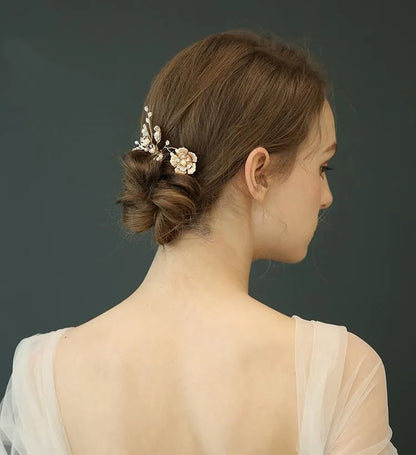 L240314 (預訂) 山茶花珍珠水晶頭飾 (三件套裝) ; Golden camellia hair pins with pearl & crystal (set of 3)