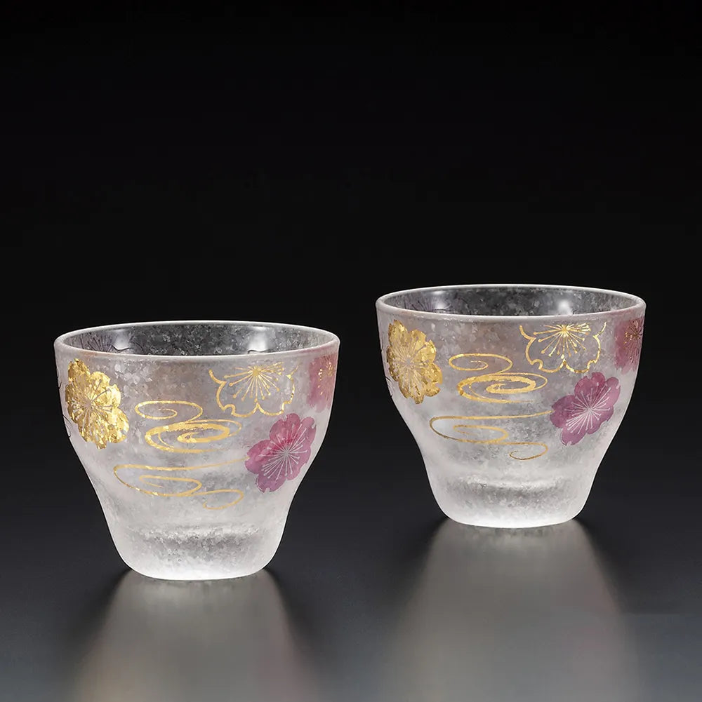 L2303-01 日本製 Premium Glass 金色櫻花流水花紋清酒杯 (1 隻/2 隻禮盒套裝) ; Premium Glass sake cup in sakura & banrai patterns (1 or 2 pcs)