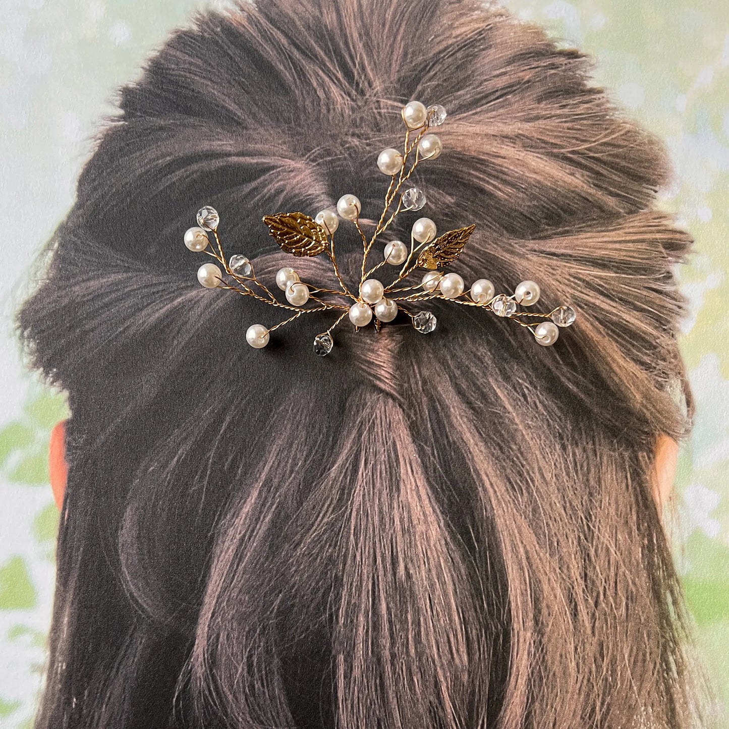 L221031 (現貨)金葉 + 釘珠 新娘頭飾 ; Japanese-made golden leaves and studs hair piece